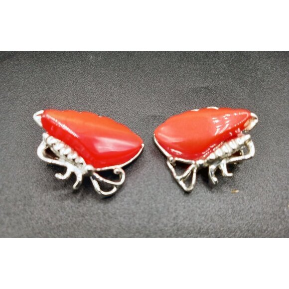 Clip On Earrings Butterfly Wings Orange Lucite Vintage 1950s Silver Tone 1 Inch - Picture 11 of 15